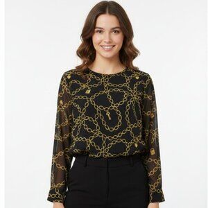Banana Republic Women Black Chain Print Long Sleeve Sheer Blouse Size XS Lined